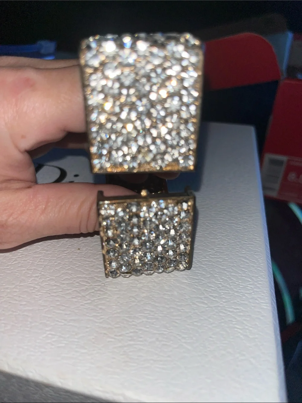 Gold-Tone Paved Crystal Square Statement Block Bracelet/Bangle- Clear Crystal